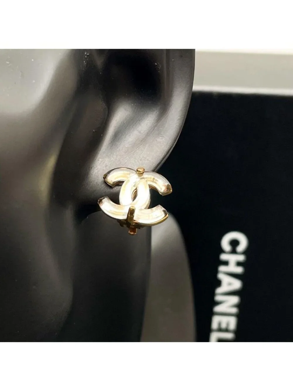 Chanel CC Logo Earrings Clear Gold Icon Coco